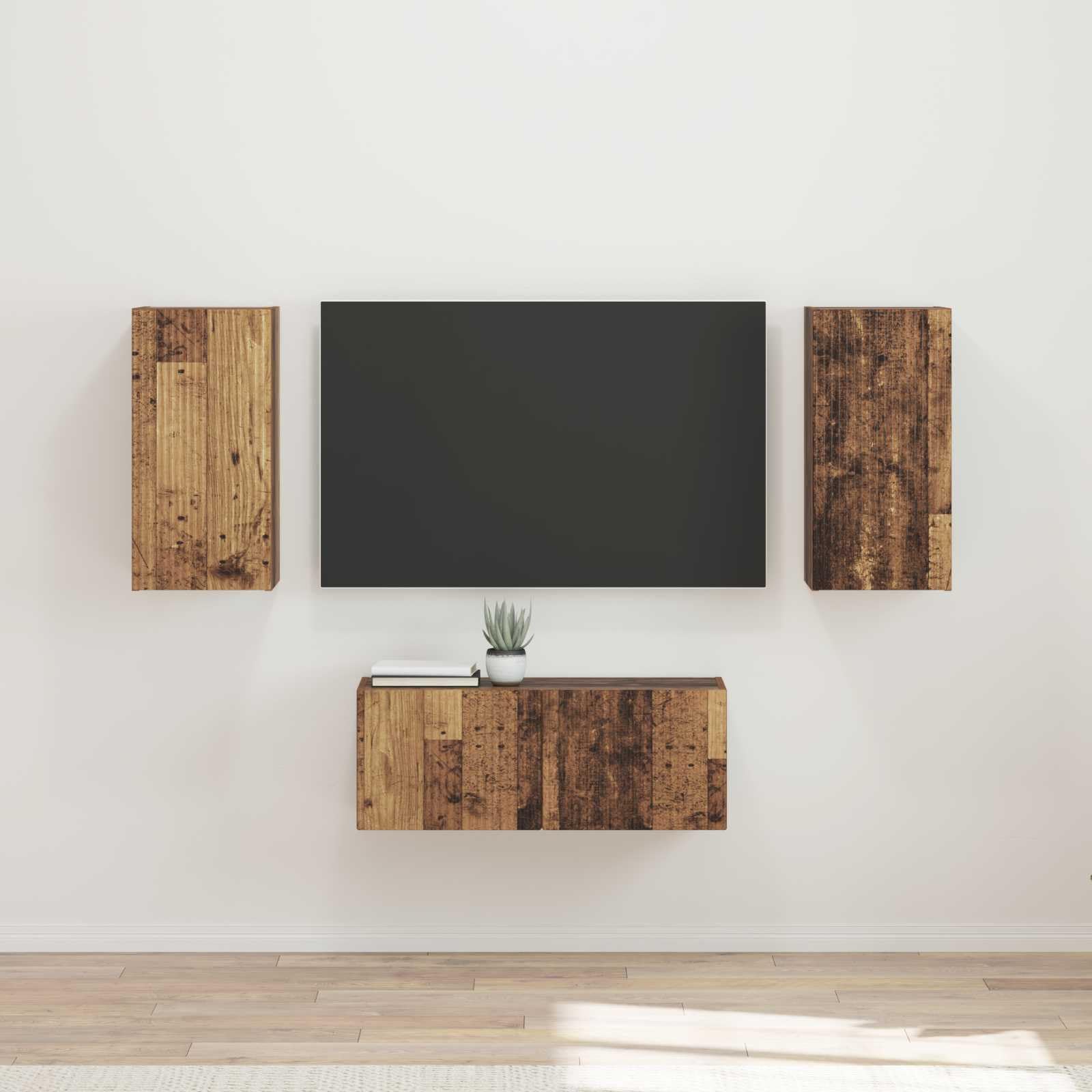 TV-Schrankset Wandmontiert, 6-teilig, Altholz, Holzwerkstoff, Modernes Media Center mit Stauraum, für Wohnzimmer, Schlafzimmer, 98 x 31 x 29,5 cm
