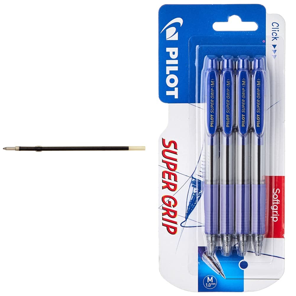 Pilot - Recambio RFNS-GP-Mpunto medio- Azul - (Caja 12 unidades) & Supergrip - Bolígrafo retráctil. Tinta base aceite, Azul, 4 unidades