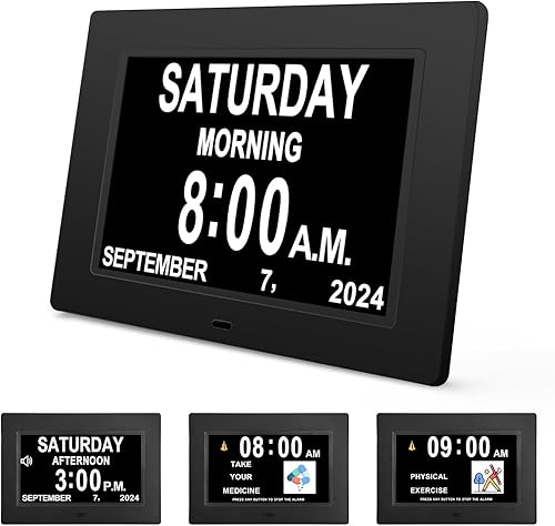 JALL Calendario digital de demencia, pantalla grande de 7 pulgadas, con múltiples alarmas, pantalla AM y PM para personas con problemas de visión,