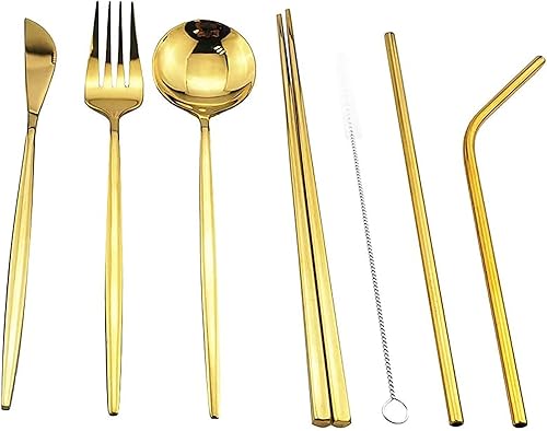 Miniatura 3 de Gugrida 8 utensilios reutilizables con funda, utensilios de almuerzo de oficina, juego de cubiertos portátiles dorados de acero inoxidable con bolsa