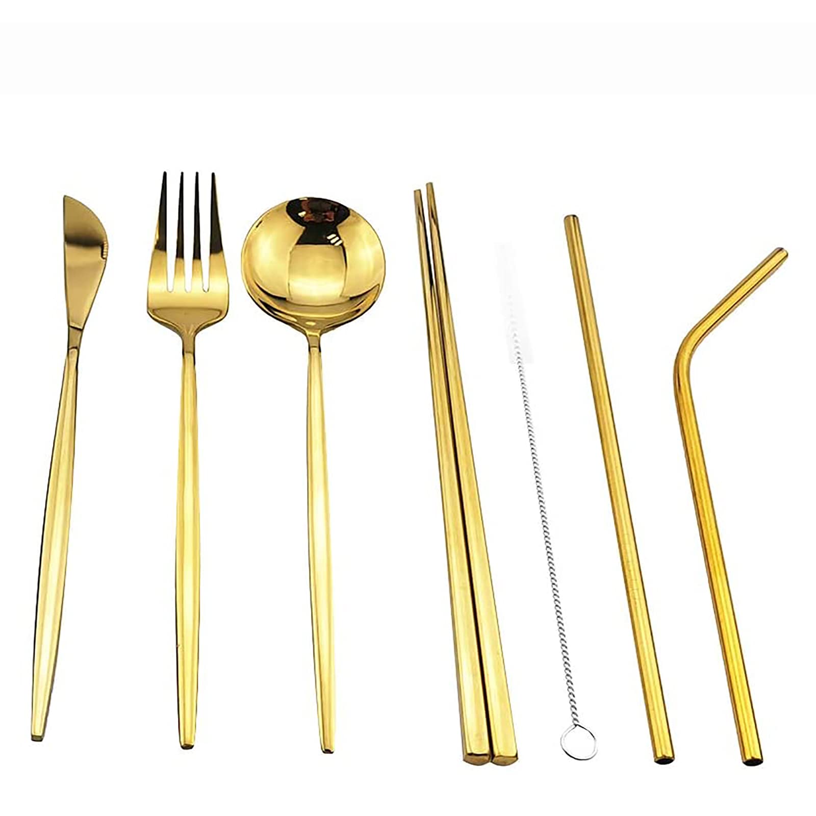 Gugrida 8 Pcs Reusable Utensils with Case, Office Lunch Utensils, Gold Portable Flatware Stainless Set with Waterproof Pouch, Outdoor Camping Picnic Cutlery Set and Straw Knife Fork Spoon (Gold)