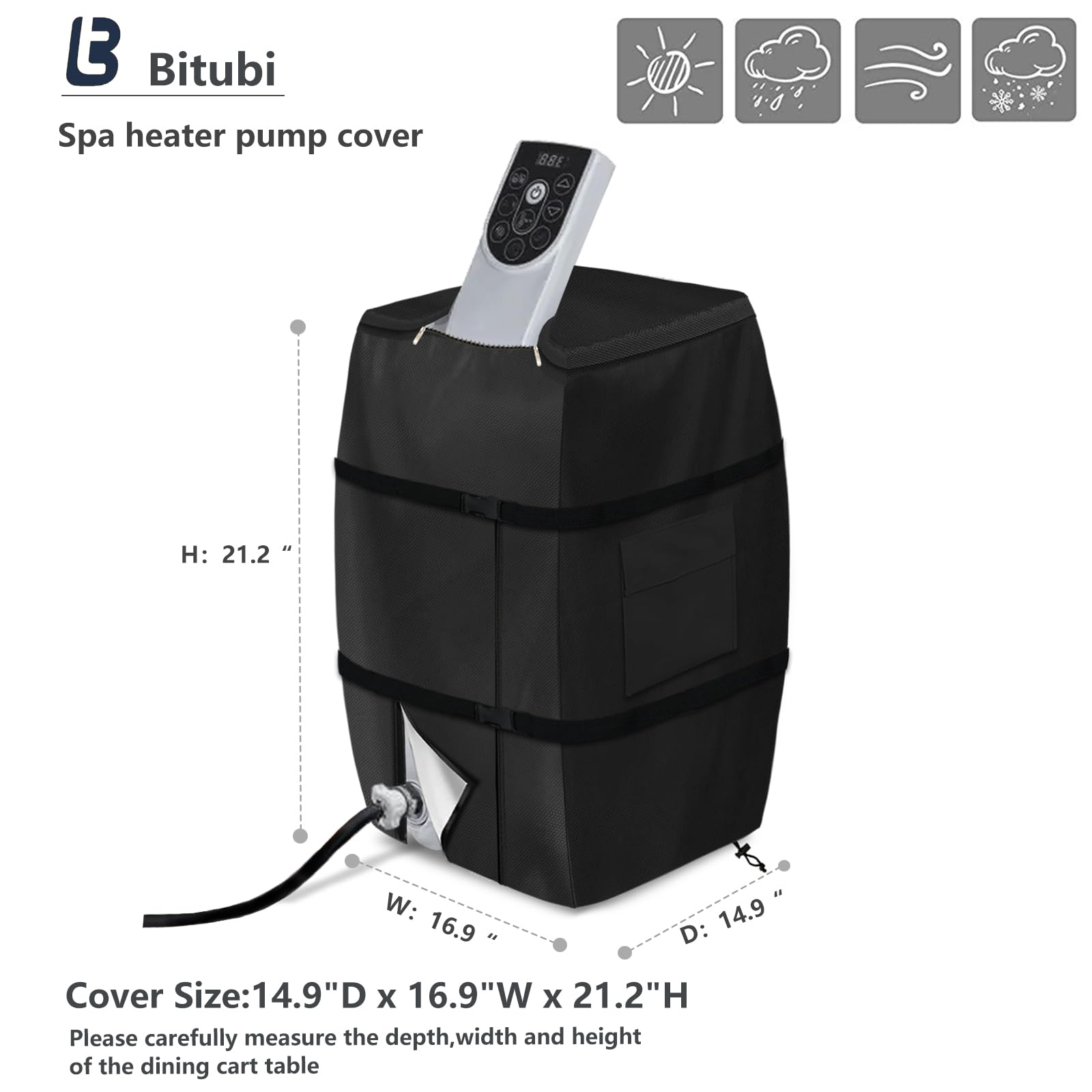 Bitubi Hot Tub Spa Heater Pump Cover with Zipper Opening, Waterproof Hot Tub Insulated Pump Cover for Most Inflatable Hot Tub Spa Heater Pump on Market (Black,Cover only)