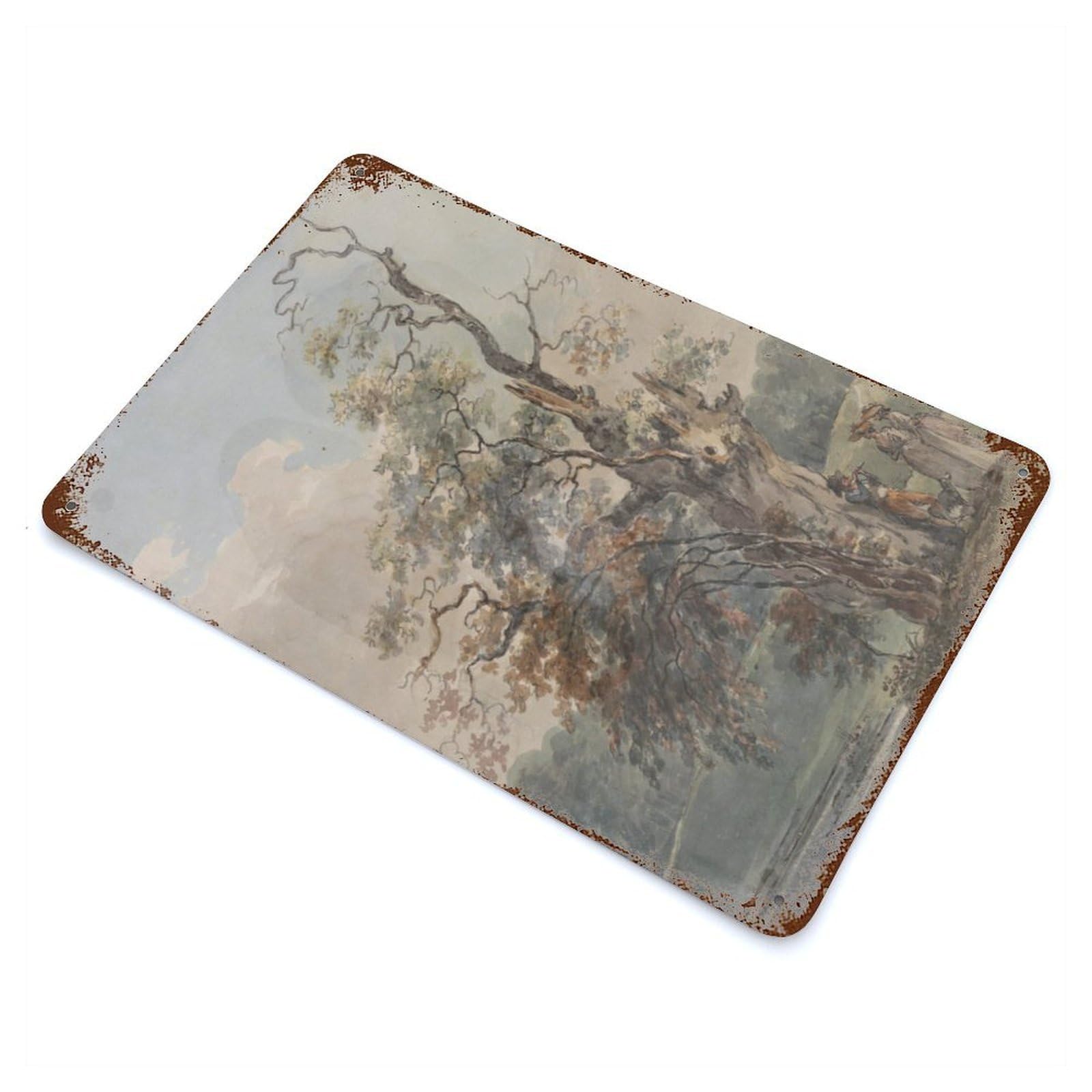 Watercolor Landscape with Figures 11.8"x7.9" Vintage Rust Metal Sign, Shabby Chic Decor for Garage, Bar And Workshop Decor