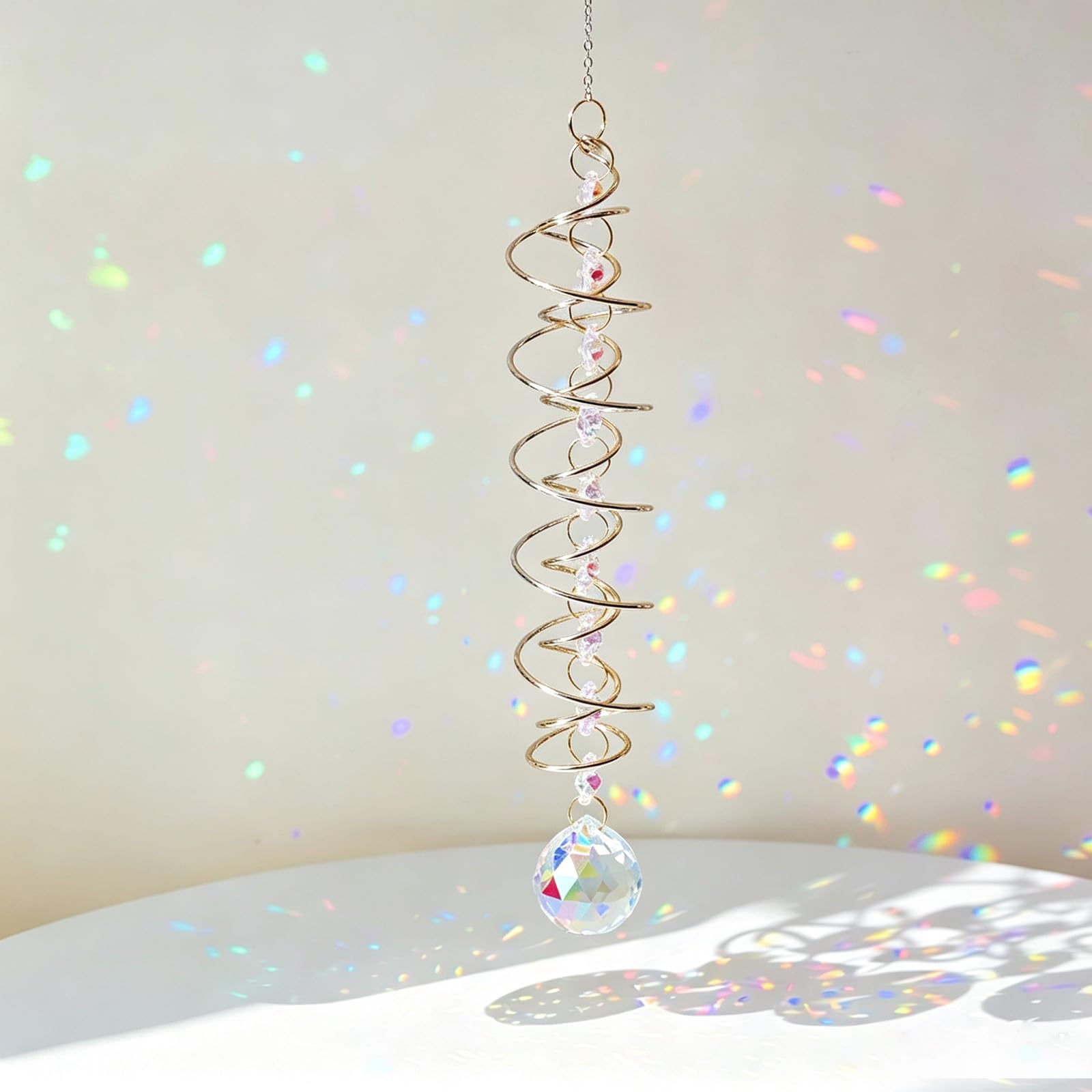 Spiral Crystal Suncatcher, Colourful Chakra Beads Window Hanging Ornament, Rainbow Prism Crystal Wind Spinner, Golden Silver Metal Spiral Crystal Pendant for Home Wall Decor (41cm,silver color)