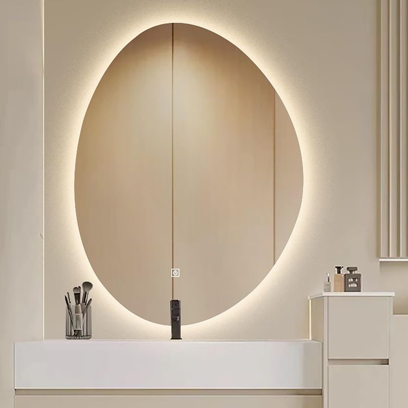 Atwnjkp 3 Colours Bathroom Mirror 50X70cm(19.7X27.6in) – Irregular Oval Wall Mounted Vanity Mirror With 3-Colour Dimmable Led Lighting And Explosion-Proof For Makeup Area, Living Room And Hallway
