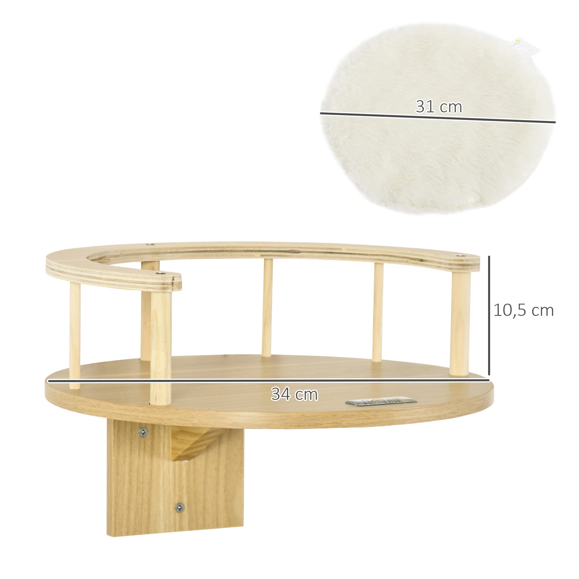 Parete di arrampicata per gatti PawHut, lettino per gatti da parete, letto per gatti da montare a parete, amaca per gatti, piattaforma per gatti con cuscino, mobili per gatti, rovere+bianco crema, Ø34