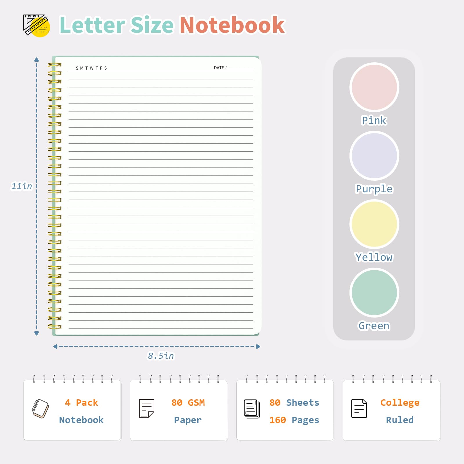 Umriox 4 Pack Lined Spiral Journal Notebook, 160 Pages 8.5