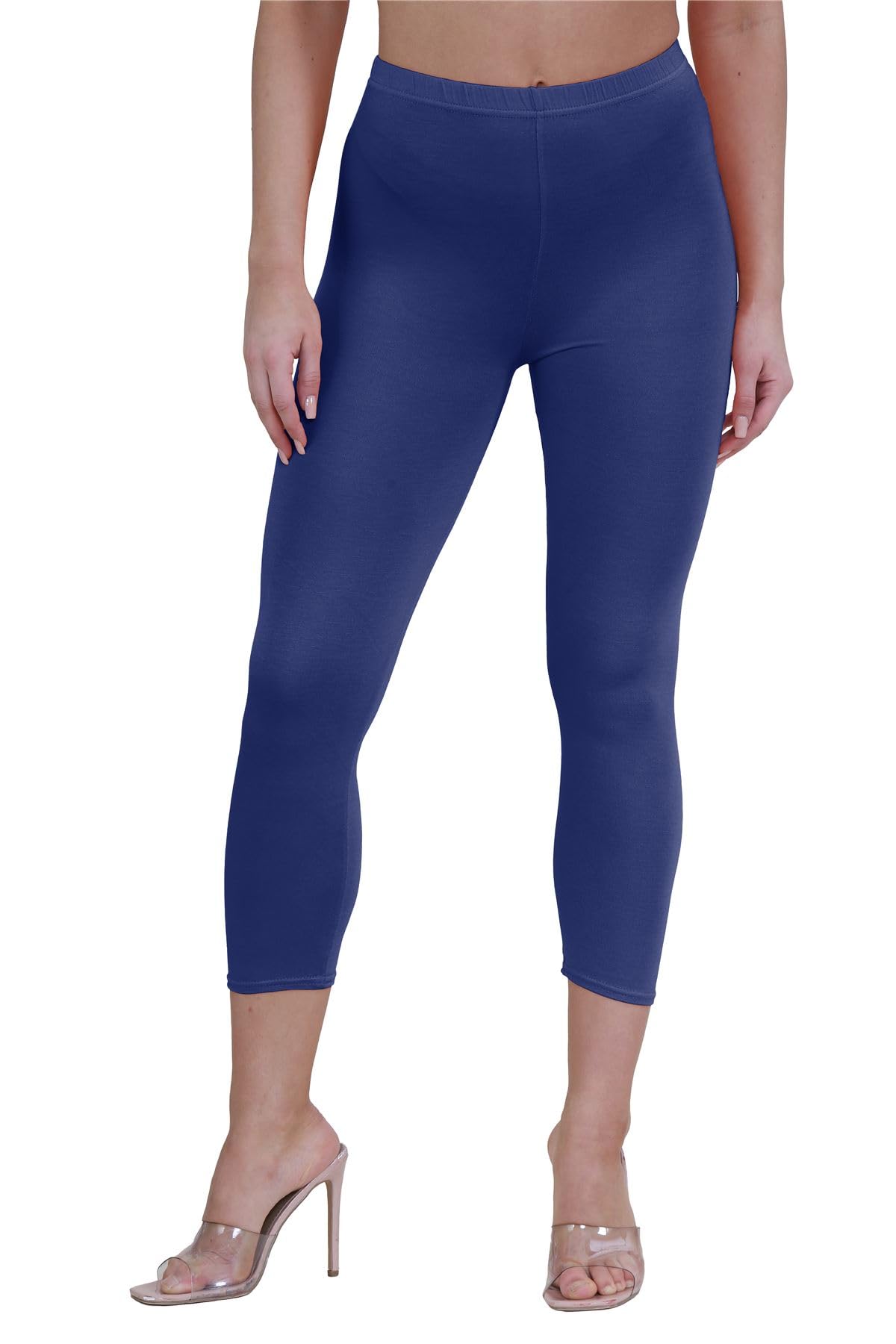 Janisramone Women's Navy New Plain Stretchy 3/4 Leggings Workout Tight Gym Cropped Capri Active Pants