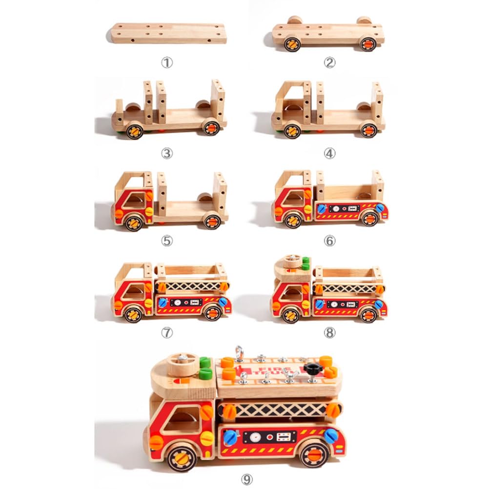 Camión de Bomberos de Madera Montessori para Desmontar | Bloques Construcción Multifuncionales Ensamblaje Desensamblaje Tuercas, Vehículo Construcción con Destornillador