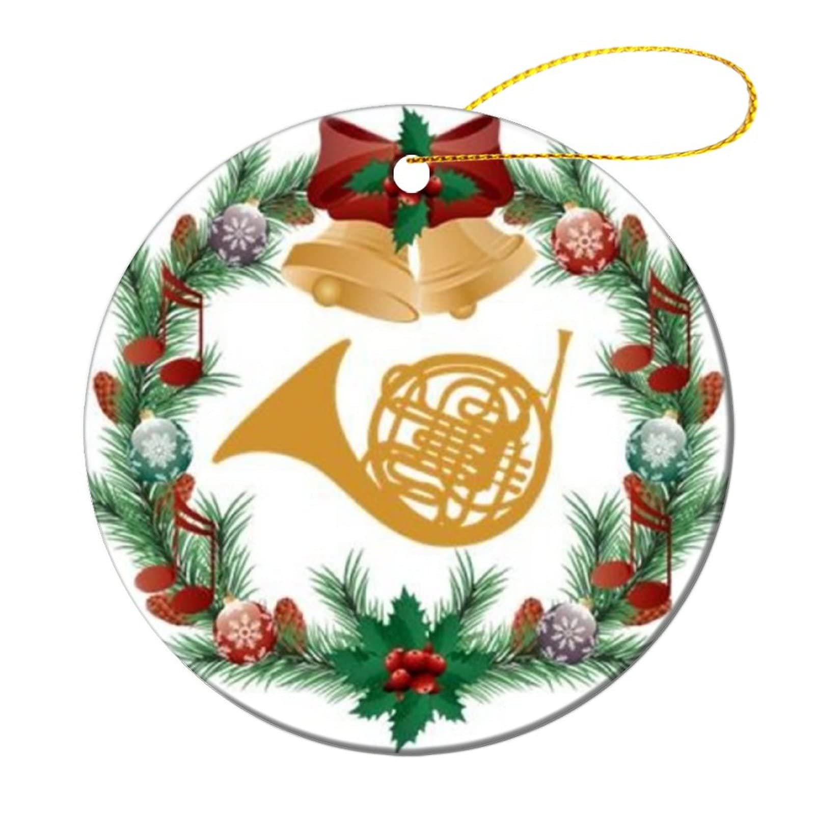 Christmas French Horn Round Ceramic Ornaments Christmas Tree Hanging Ornament with Ribbon Ceramic Accessories DIY Personalized Sublimation Ornaments Holidays Decorations Gift