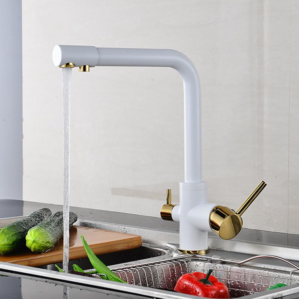 Robinet de cuisine à eau pure filtrée blanc et or orientable à 360°