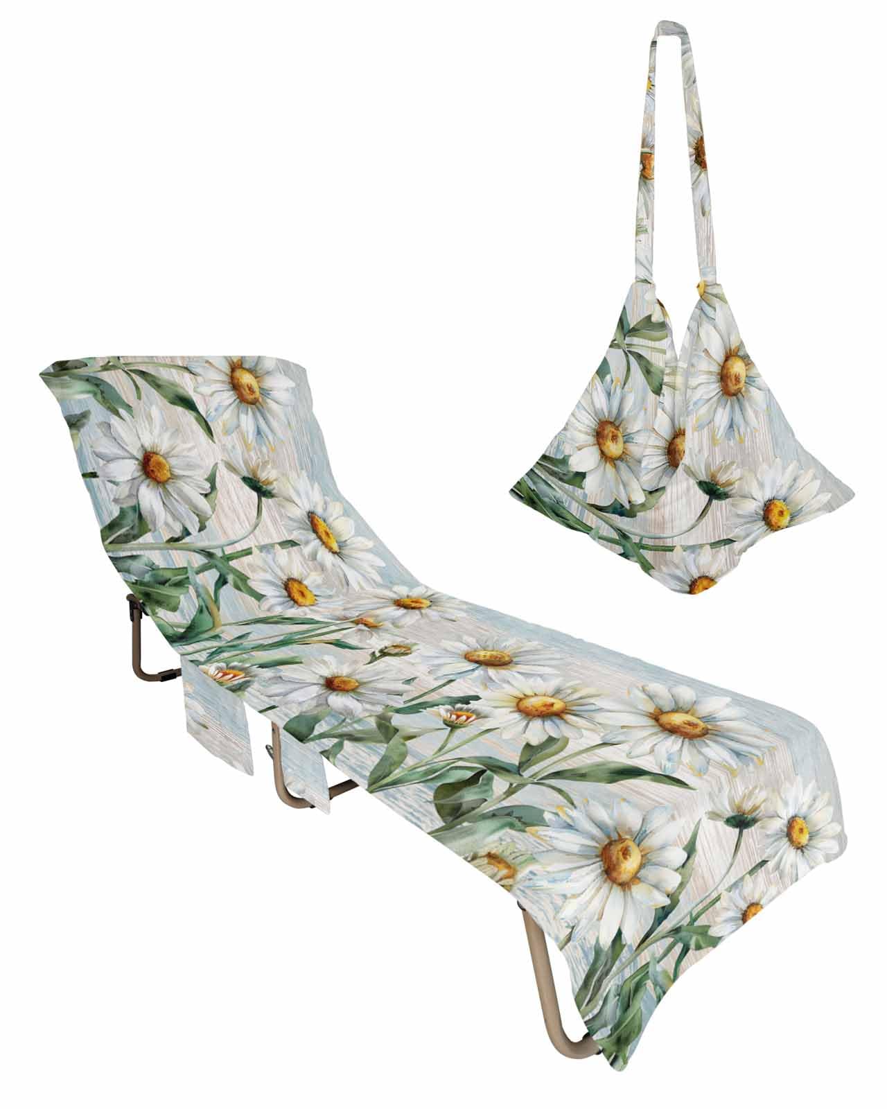 Daisy Flower Blue Beach Lounge Chair Towel Cover, Soft Chaise Lounge Towel with Side Pockets Patio Pool Chairs Cover for Beach/Pool Sunbathing 29x85 Elegant Botanical Leaves Farmhouse Wood