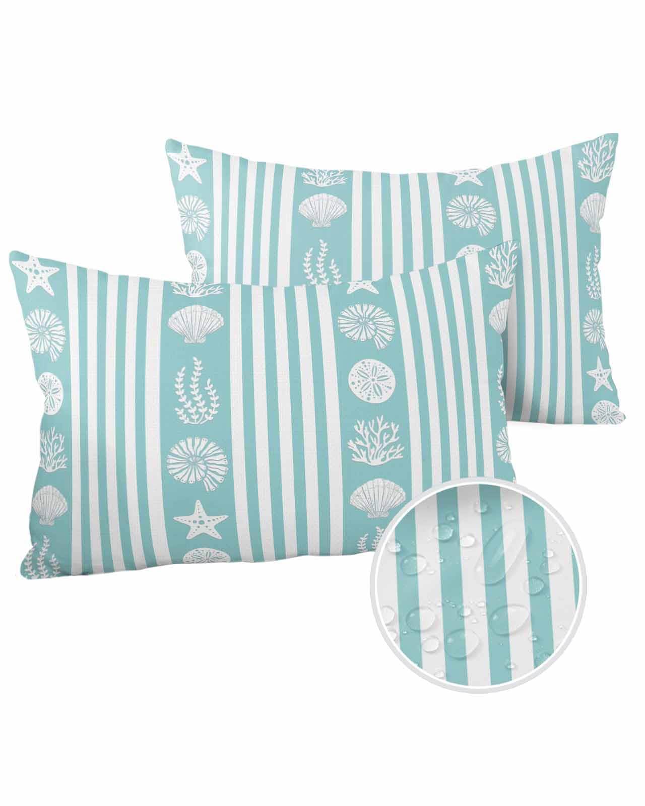 Boanket Lumbar Pillow Covers 12 x 20 In, Teal Striped Coastal Waterproof Throw Pillow Cover Set of 2, Nautical Beach Starfish Shell Home Decorative Rectangle Cushion Covers for Patio/Tent/Couch/Garden
