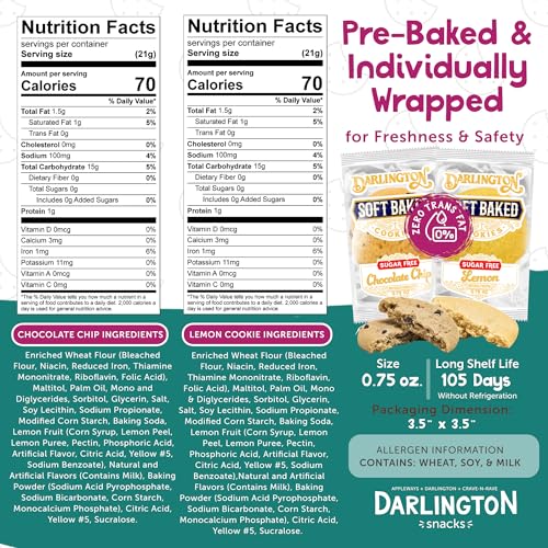 Image of Darlington Snacks Assorted Sugar Free Chocolate Chips & Lemon Cookies, 100% Nut Free, Kosher Lemon Cookie & Chocolate Cookies, Made in USA, 212 Count