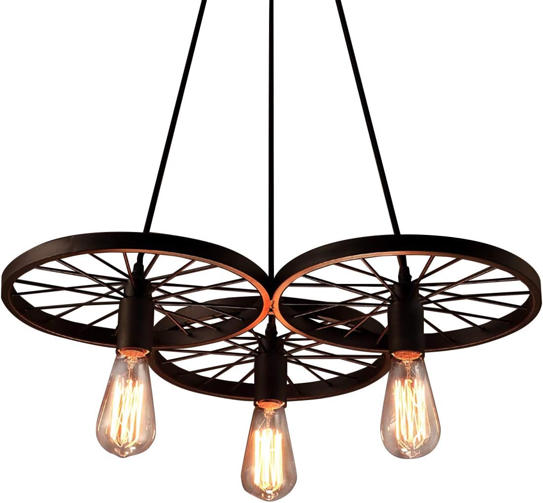 EdiMoM Brand; Vintage Metal Wheels Hanging Pendant, 3 Lights, Max 180W, All Black