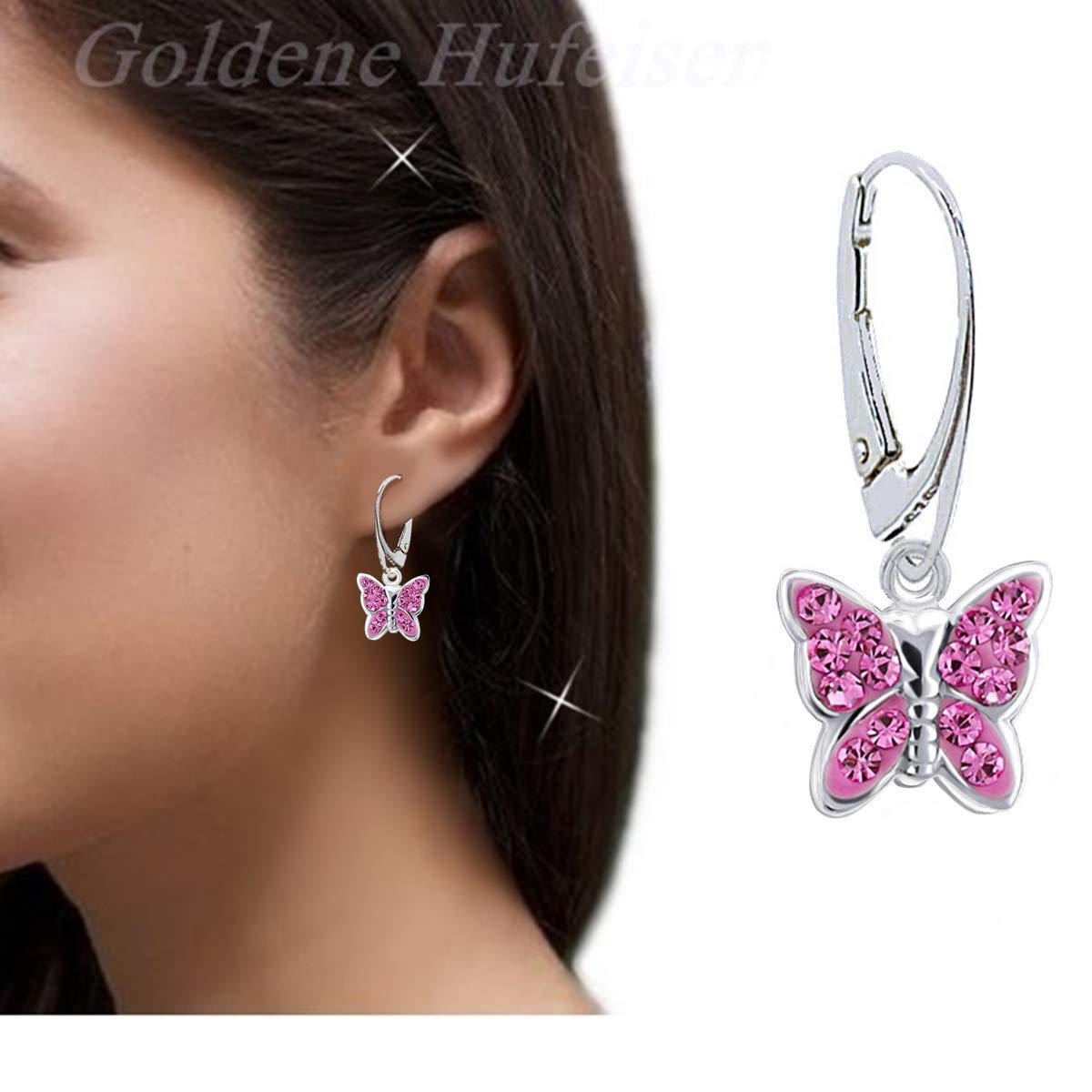 Goldene Hufeisen Mädchen Kinder Kristall Schmetterling Brisur Ohrringe + Anhänger + 40cm Kette 925 Silber Set