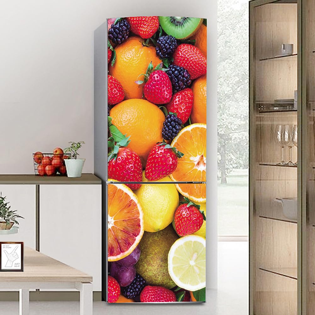 Myxjx One Color Fridge Wrap, Full Covering Door Fridge Covers Skins Wall Stickers For Kitchen Decal, Strawberry And Orange Color Fruit