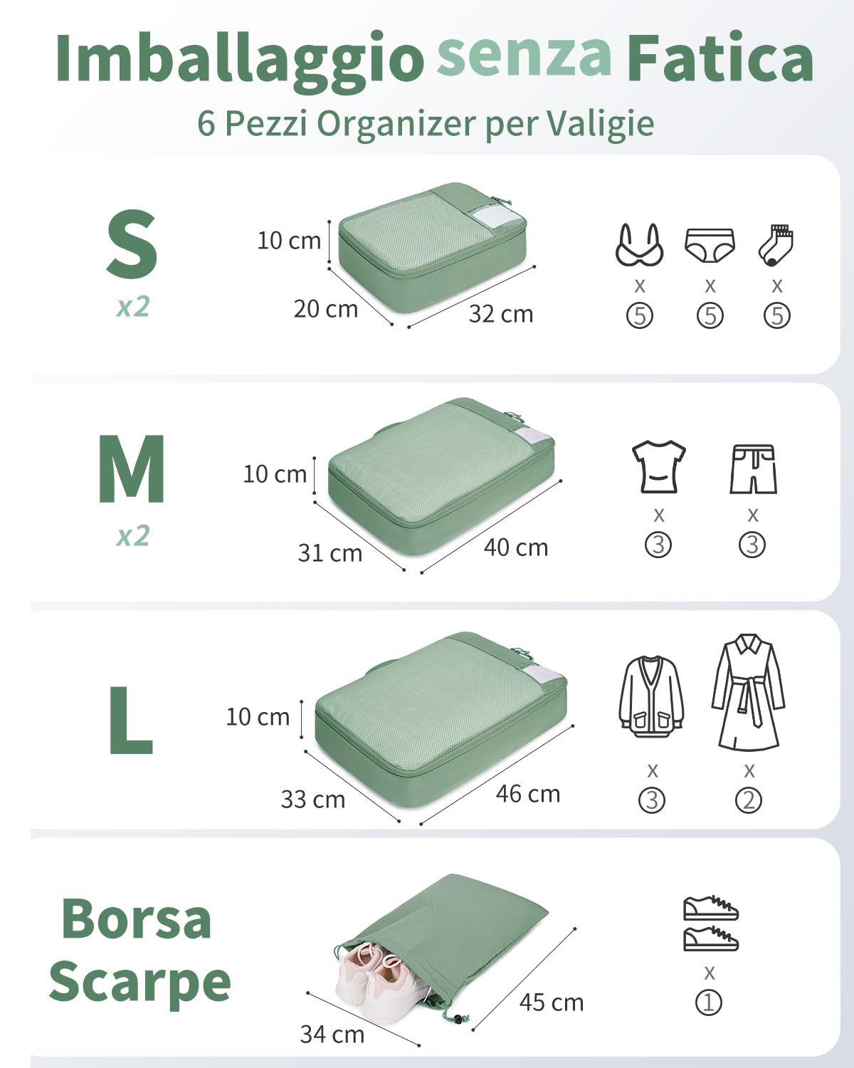 ECOHUB 6 Pezzi Organizer Valigia, Packing Cubes Salvaspazio con Tasca per Etichetta, Tessuto Ripstop Organizer Valigie, Viaggio Accessori Utili (Verde)