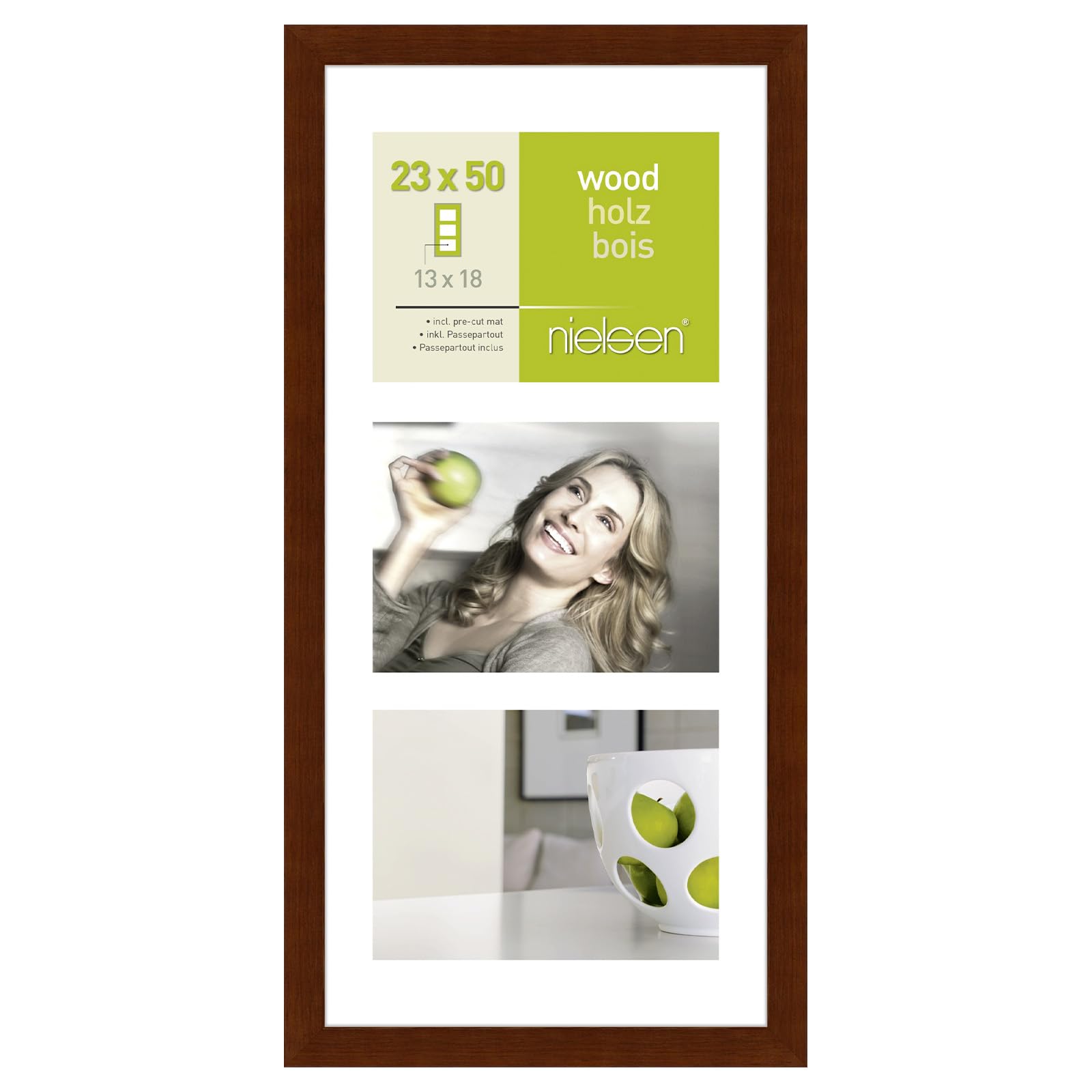 accent by nielsen Apollon Wooden Picture Frame - Wenge 23x50cm with White Mount for 3 x 5x7in Pictures with Float Glass and Easy Push and Turn Clips