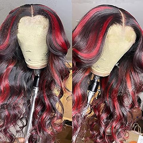13x6x1 Deep Parting Hot Red Highlight Lace Front Wigs Human Hair Loose Body Wave Wig Pre Plucked with Baby Hair for Black Women (18inch,t part lacewig) Cover
