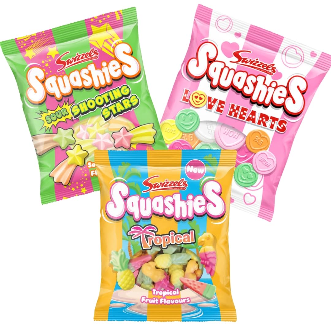 Squashie DrumStick Candies Variety Multipack - 3 Pack BUNDLE - IMPORTED FROM THE UK (TROPICAL, SHOOTING STARS AND LOVE HEARTS (3PACK))