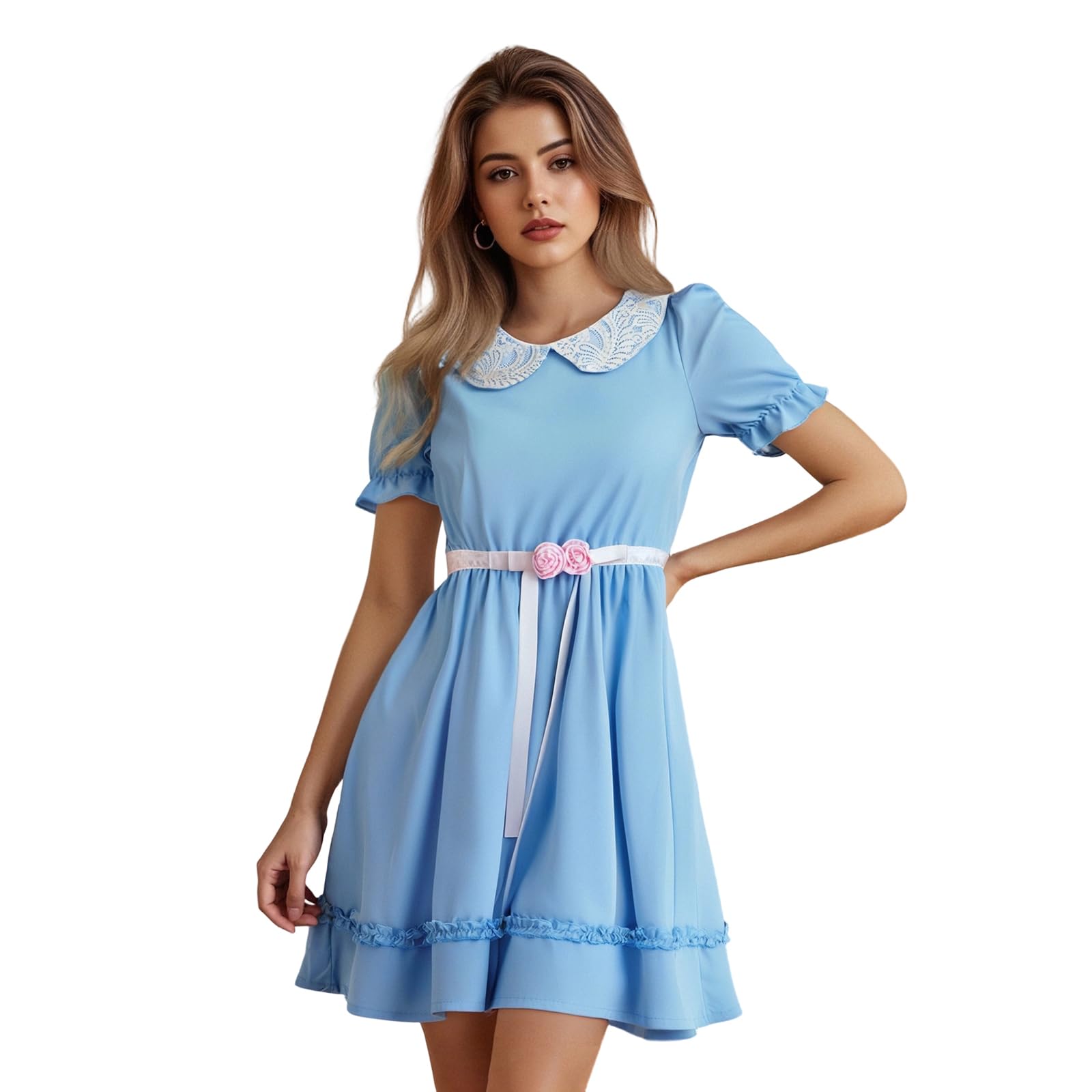 CocMouse Halloween Grady Twins Costumes for Womens Puff Sleeves Blue Babydoll Dress with Floral Trimed Cosplay Party Clothes (Sky Blue, S)