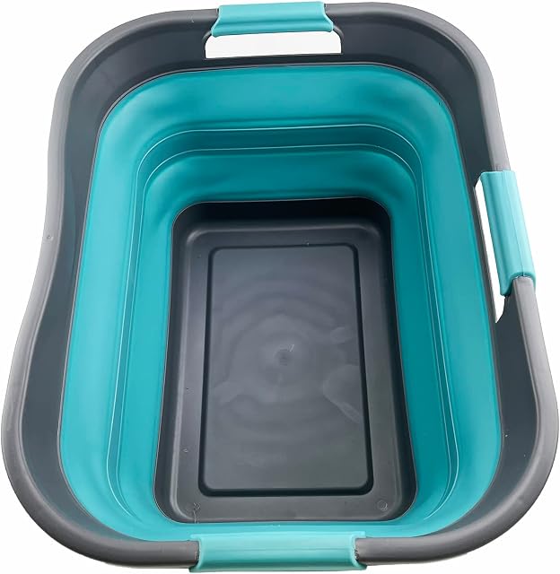 SAMMART 30L Collapsible Plastic Laundry Basket - Foldable Pop Up Storage Container/Organizer - Space Saving Hamper/Basket - Water Capacity 24L (Grey/Crystal Blue)