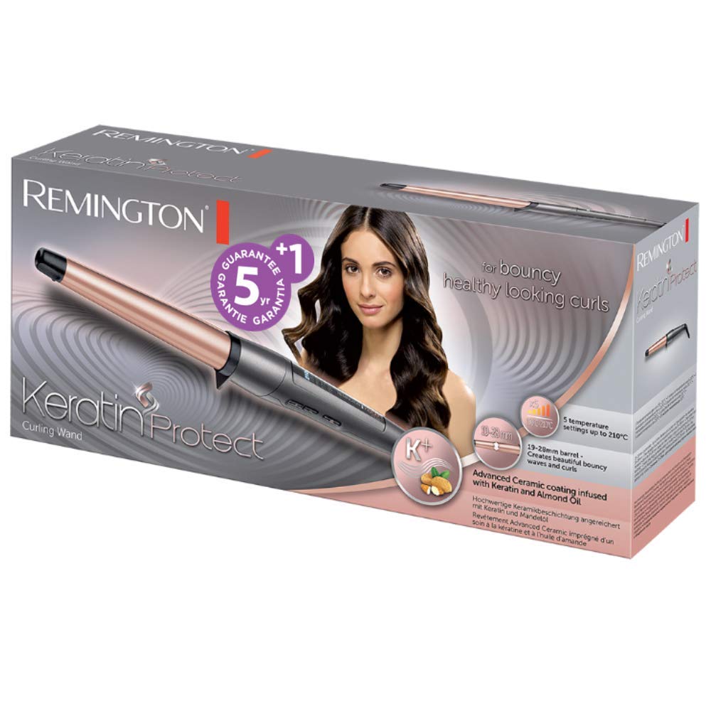Remington Rizador de Pelo Keratin Protect, Queratina y Aceite Almendras, Ondulador de Pelo con Barril de 19-28 mm, Cerámica, 5 Temperaturas hasta 210°C, Digital, CI83V6, Negro, Rose Gold