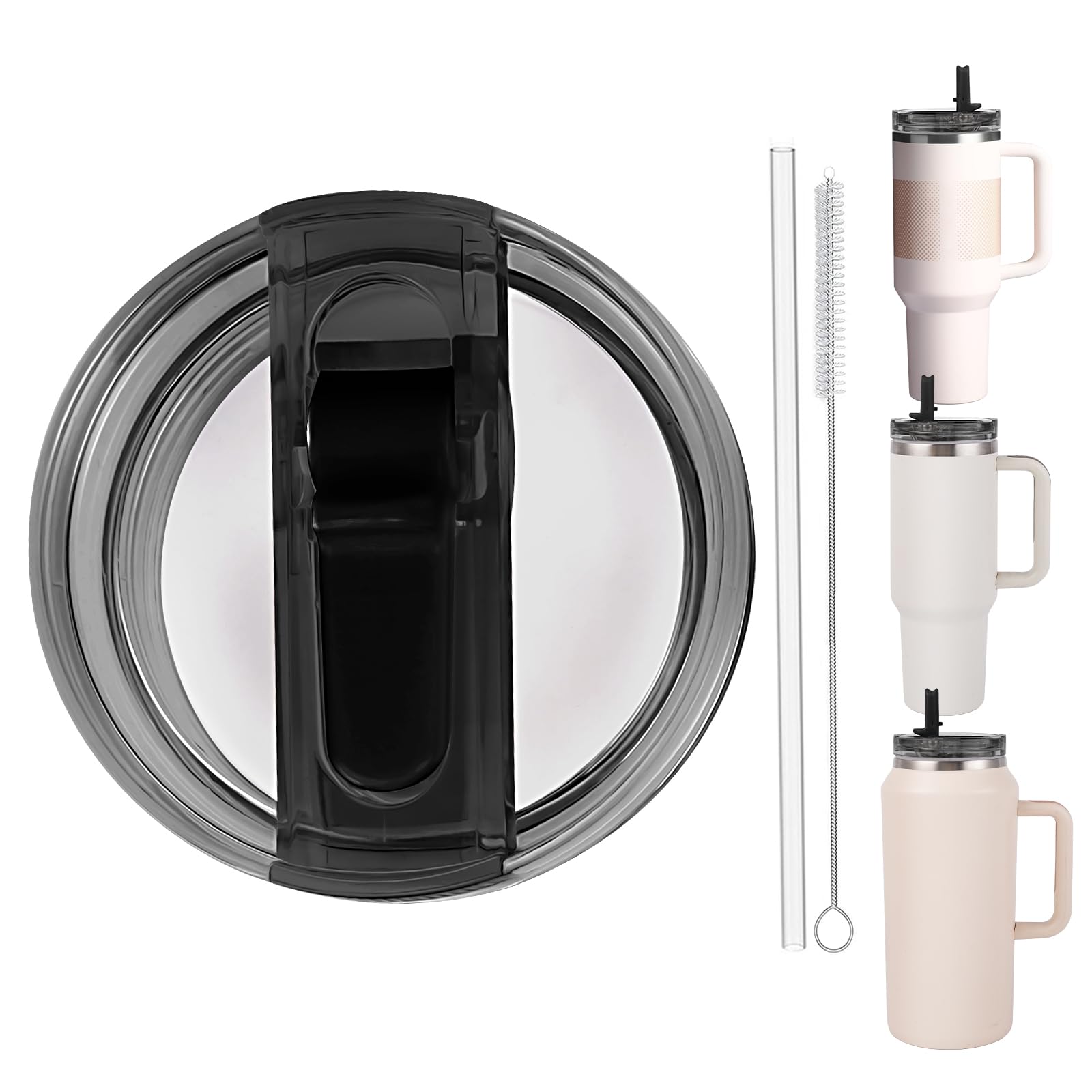 Replacement 40oz Leak Proof Tumbler FLIP Lid With Straw - Fit For Stanley ProTour Quencher 40oz and Quencher H2.0 40oz,64oz Tumbler (Black, 40oz and 64oz)