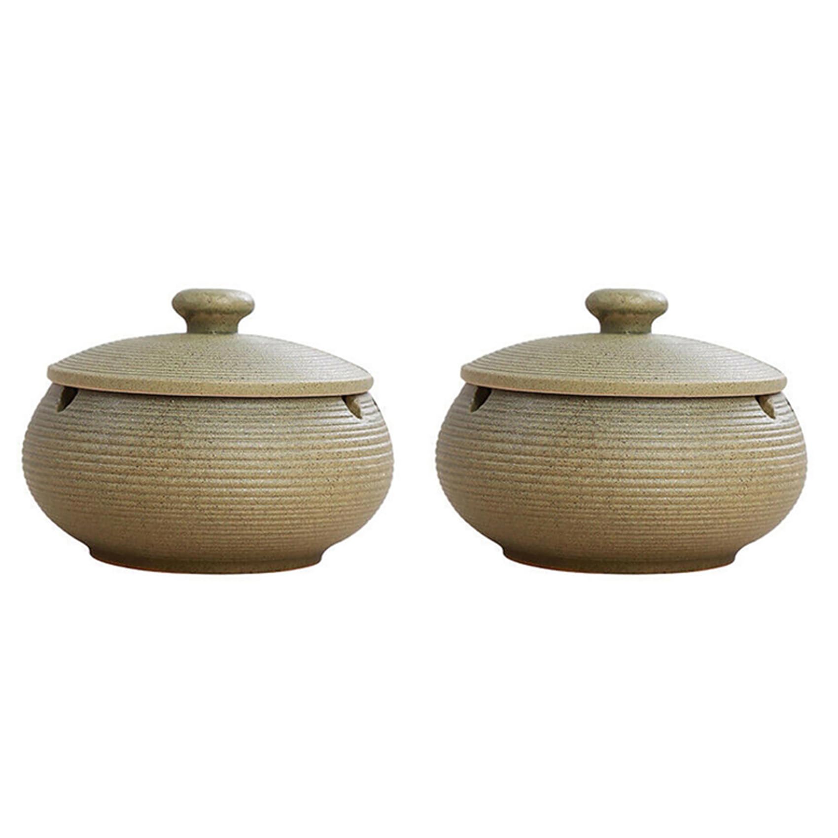 Lot de 2 cendriers en céramique avec couvercle coupe-vent pour l'intérieur et l'extérieur - Vert