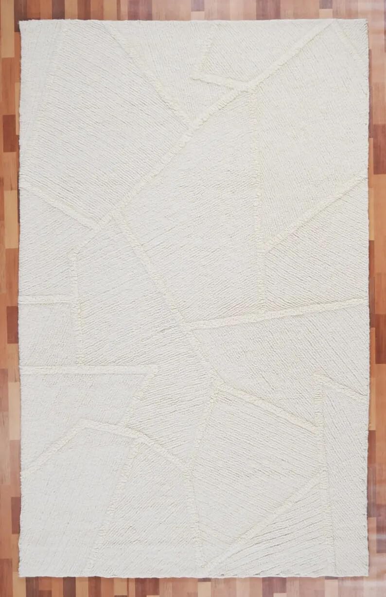 Hand Woven Ivory Wool Rectangular Abstract Geometric Textured Living Room Area Rug 54 Pounds 8.0x10.0