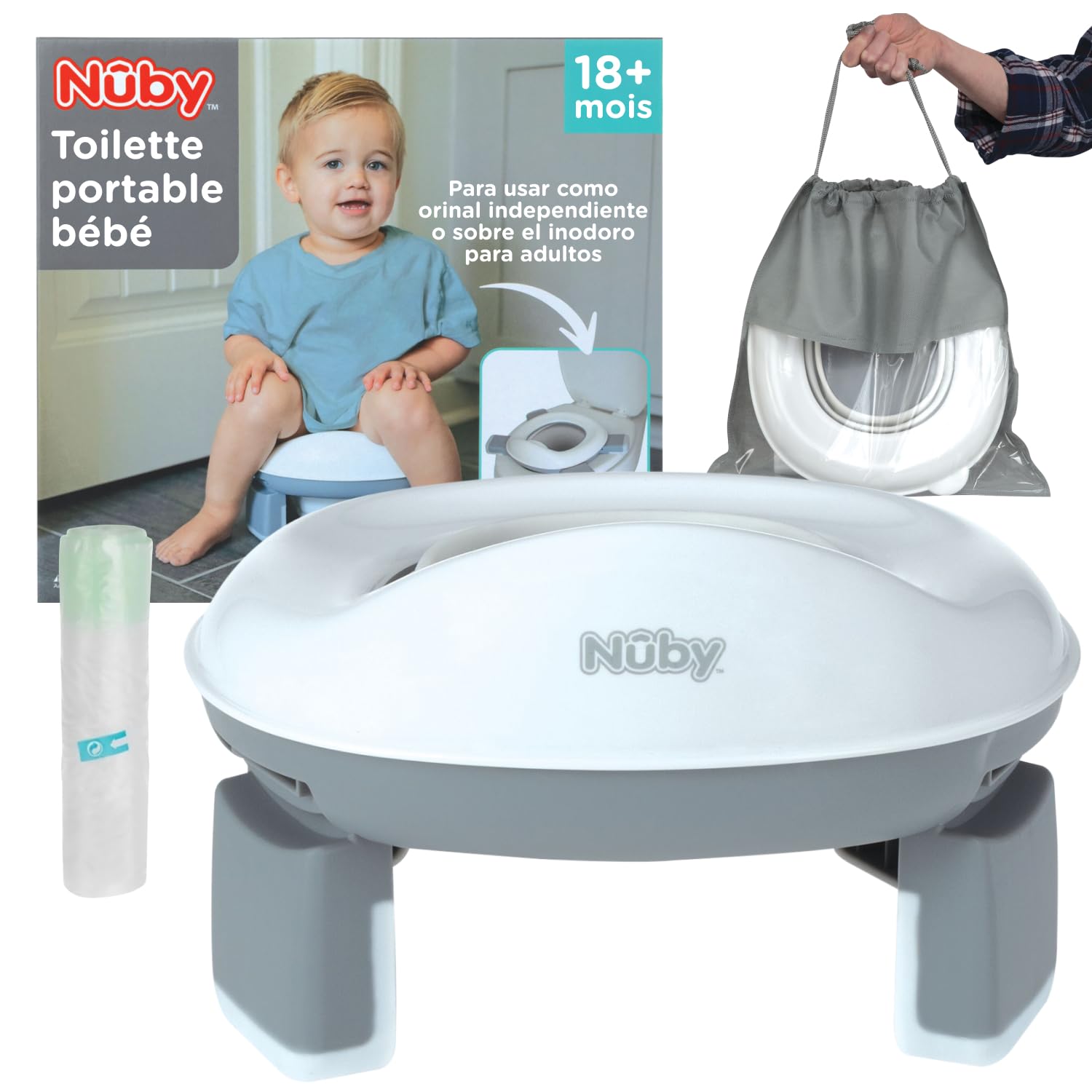 Nuby - Inodoro Portatil 2 en 1 Para Viaje - Adaptador WC Niños y Orinal Bebe - WC Portatil con Bolsas Desechables y Protección Antisalpicaduras - Baño Bebe Ligero y Compacto - 18+ meses