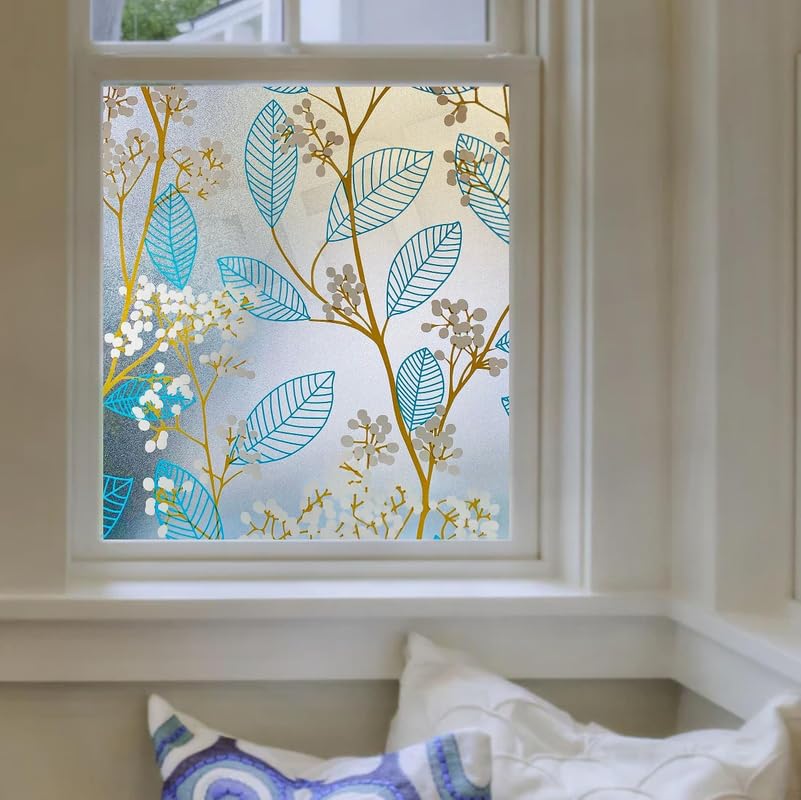 Image of Decorative Glass Film Window Film for Glass Film for Windows Privacy - Blue Leaves24 X 24 Inchs