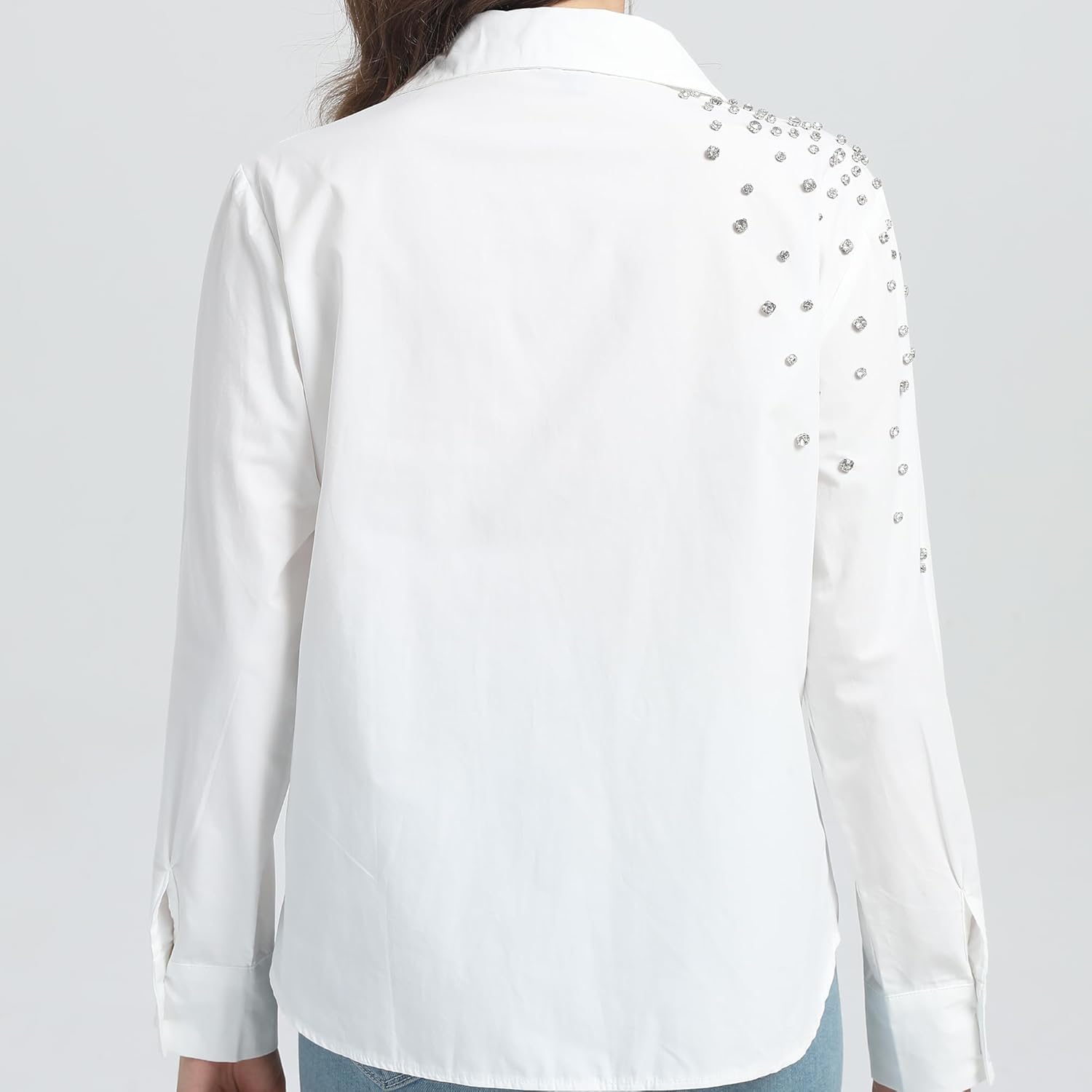 SUNNOW Womens Embellished White Shirt Elegant Button Down Blouse Classic Fit Top for Office Dinner & Casual Wear - Image 4