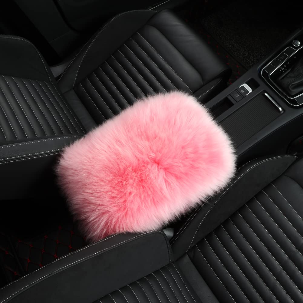 IRIWOOL Sheepskin Armrest Cover Auto Center Armrest Cover Car Soft Console Pad, Fluffy Wool Auto Center Console Cover for Most Car Arm Rest Decoration Protector 9 x 14 Inch (Long Wool, Pink)