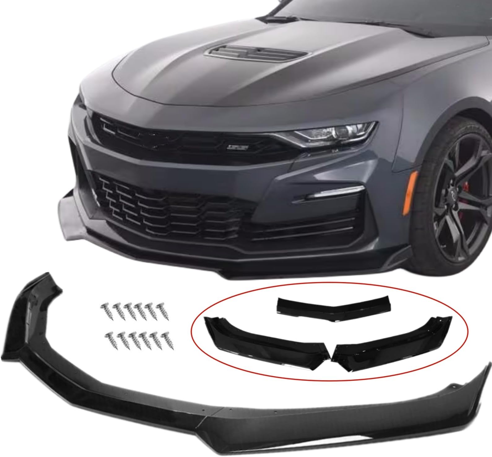 MUTUSAISI Front Bumper Lip Splitter Spoiler Compatible with 2016-2024 Chevy Camaro SS/ 2019-2024 LT LS RS, Air Chin Body Kit Accessories (Gloss Black)