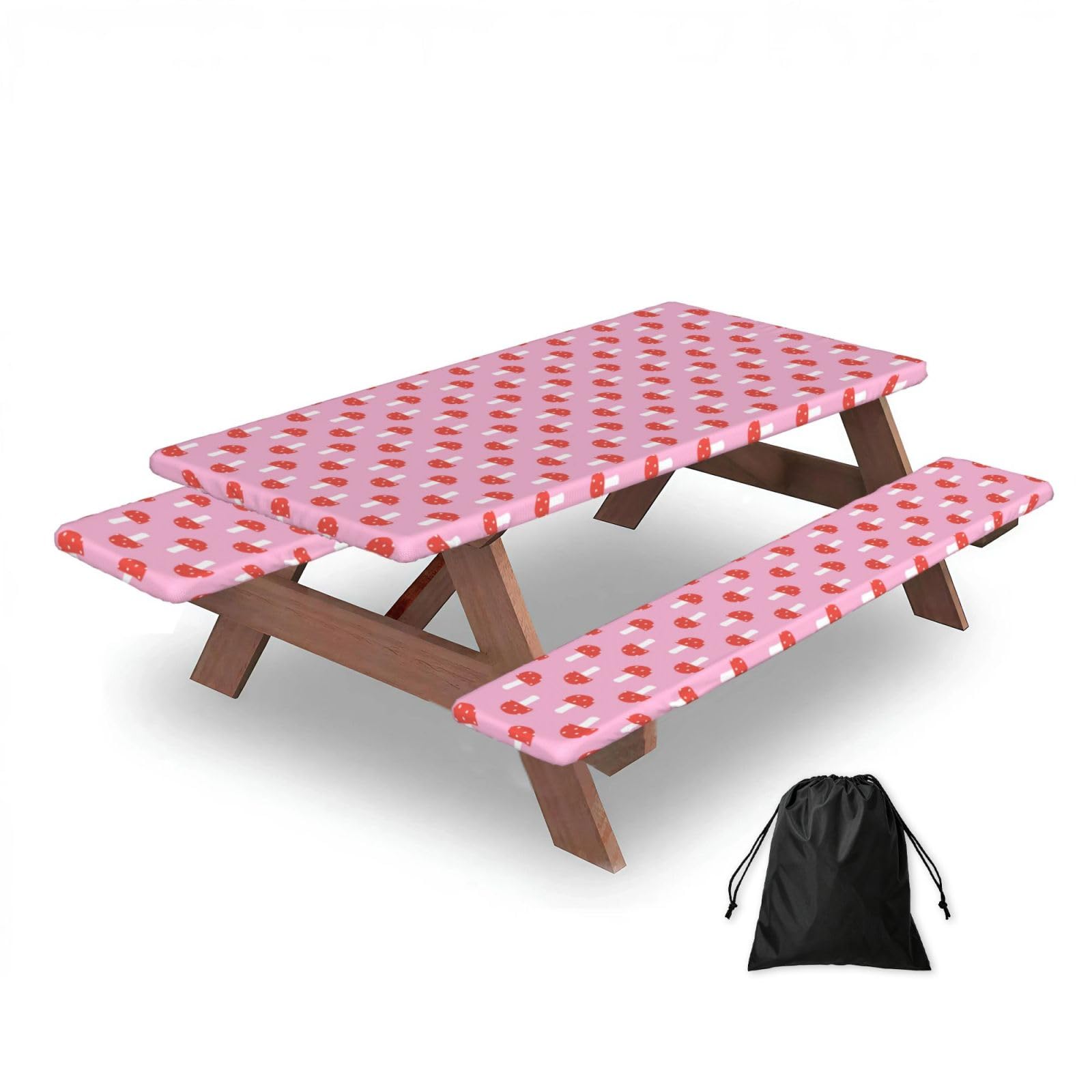 Dopklna As Picture Mushrooms Pink Red, Picnic Table Cover With Bench Covers -Waterproof Elastic Fitted Tablecloth For Garden Camping Patio 76X152cm