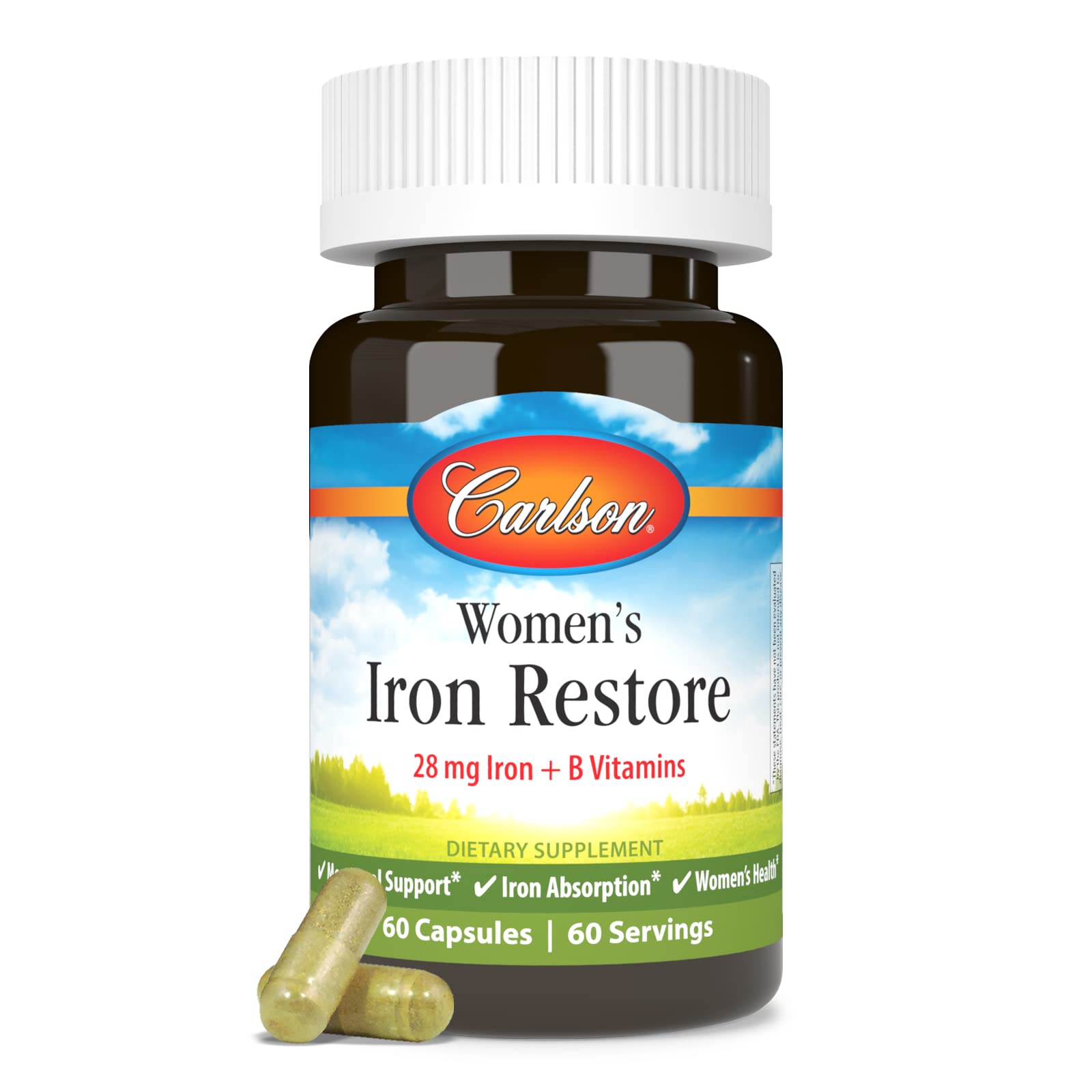 Carlson Women's Iron Restore, 28 mg, Iron + B Vitamins, 60 Capsules 60 Count (Pack of 1)
