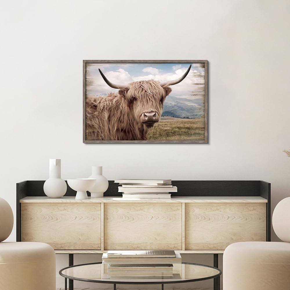 Farmhouse Highland Cow Wall Art: Framed Rustic Farm Animal Wooden Painting Print Country Cattle Picture Artwork for Living Room Bedroom Office Decor 36x24 inch