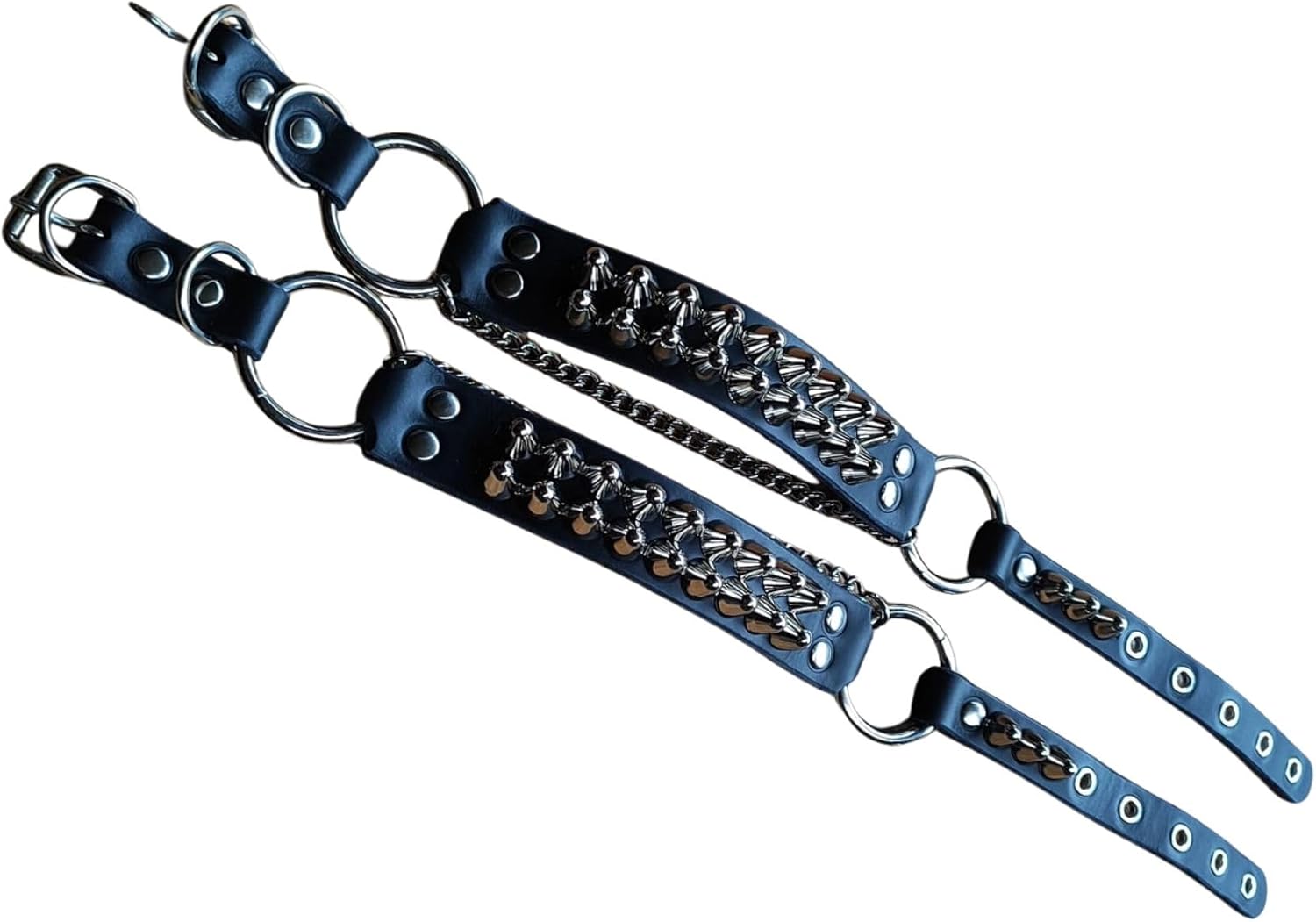 Leather Bootstraps – Pair of Handmade Gothic Spiked Shoe Accessories – Studded Punk Emo Goth Cuffs for Boots – Black Cowhide with Chains