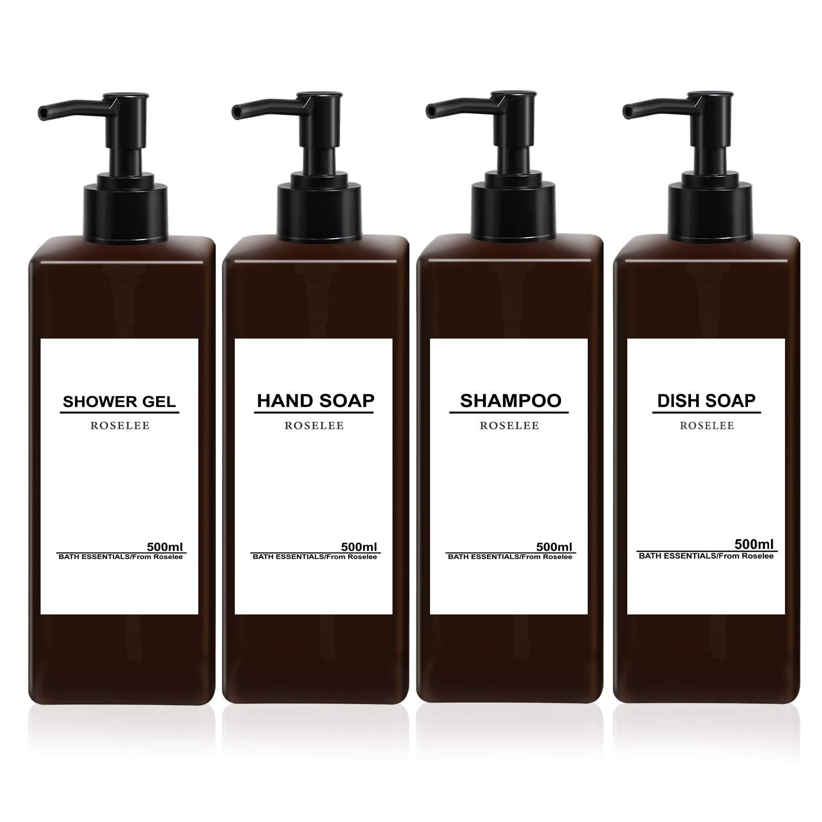 Soap Dispenser Set 4 Pack 17oz Refillable Shampoo and Conditioner Dispenser Modern Shampoo Dispenser Bottles with Pump Plastic Soap Dispenser for Body Wash, Lotion Bathroom Kitchen Hotel,Liquid Brown