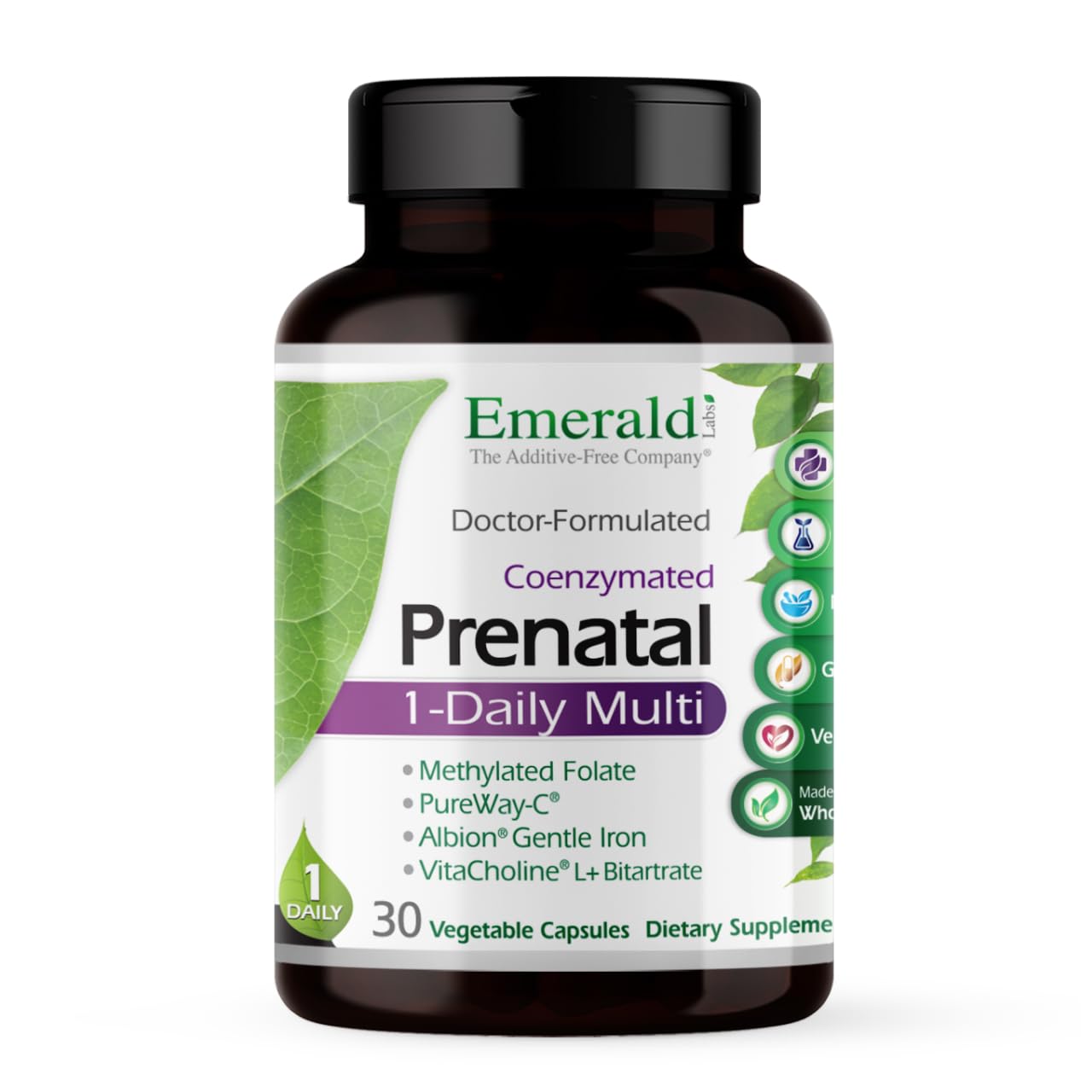 Emerald Labs Prenatal 1-Daily Multi - Prenatal Multivitamin with Methylated Folate, Iron, Whole-Food Blend & More - Soy-Free, Gluten-Free - 30 Vegetable Capsules