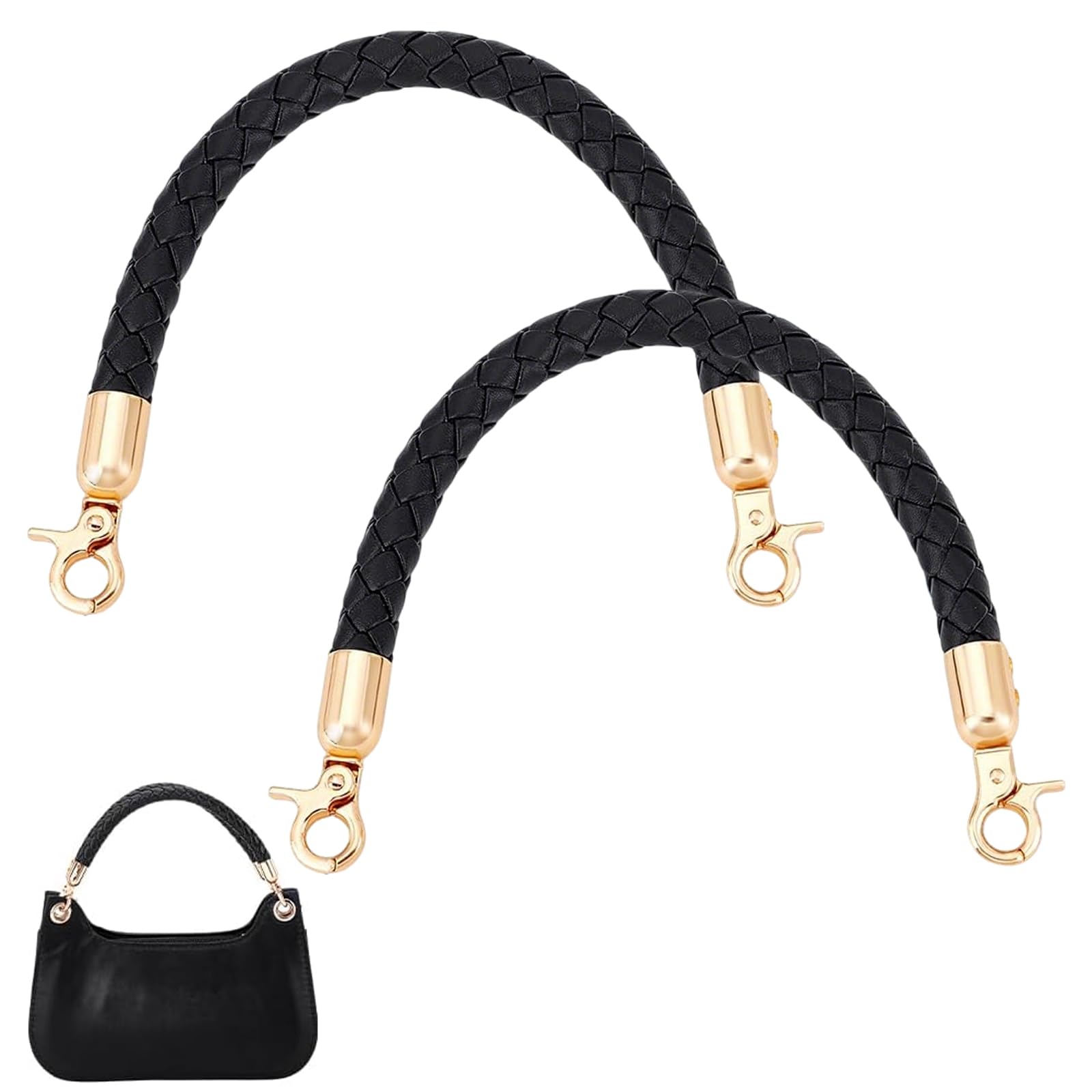 Tarqite 2 Pack Braided PU Leather Handbag Handles, Bag Strap, Replacement Straps for DIY Handbag Making, Frame Bag and Crochet Bag, Black with Gold Hooks, 30cm