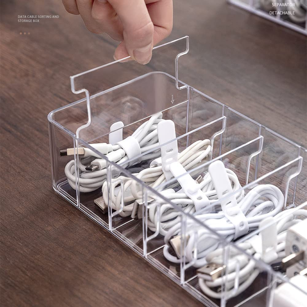 Starry G Detachable Cable Tidy Box With Lid, 8 Grids Acrylic Cable Organizer Box, Storage Box For Charger, Power Strips And Cables, Transparent Cable Management Box - Free 12 Classified Stickers & 10 Cable Ties