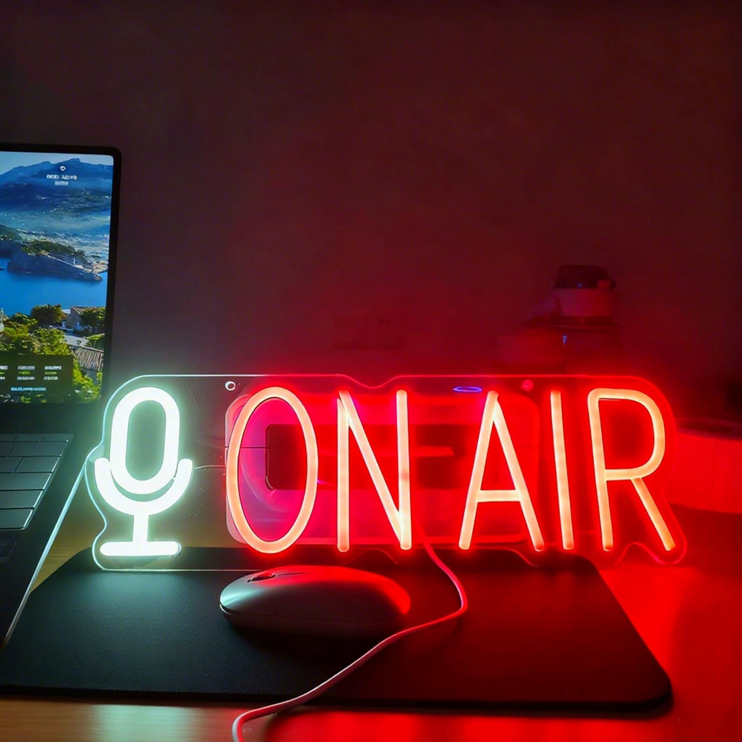 Neonowy szyld świetlny LED z akrylu On Air, lampy sztuki ściennej z przełącznikiem z możliwością ściemniania i 55 cm długim łańcuchem do zawieszania dla stacji radiowych, biura, sklepu, restauracji