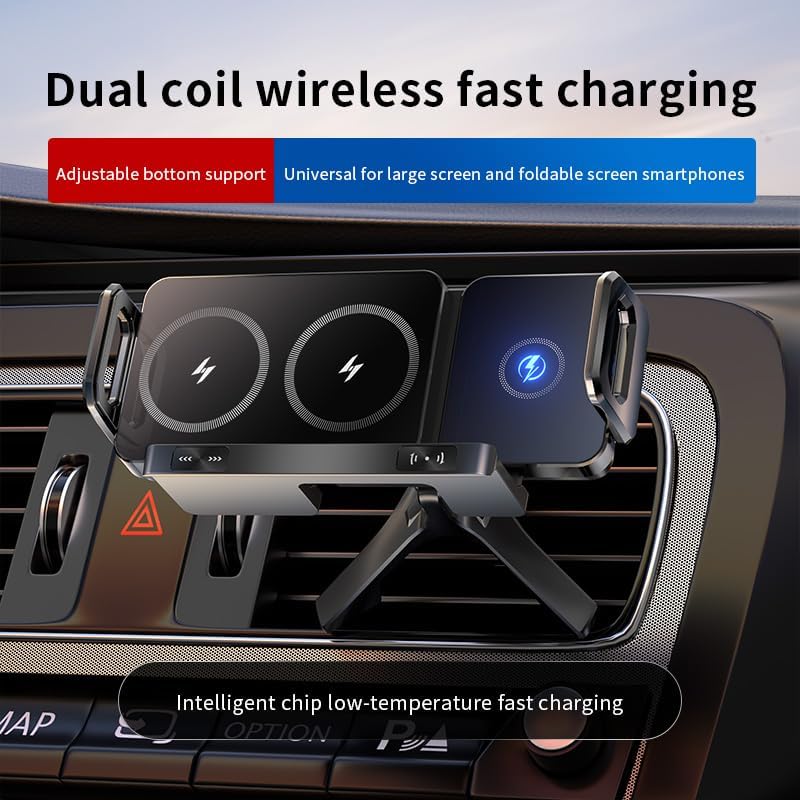 15W Wireless Car Charger,Fast Charging Holder Phone Mount Auto Clamping Car Accessories Compatible with iPhone an Huawei,Compatible for Foldable Dual Screen Mobile Phone