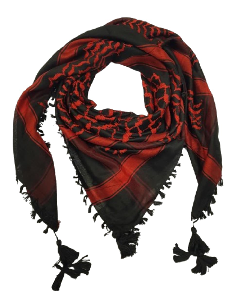 Black and Red Palestinian Shemagh Scarf with Tassels Arab Keffiyeh Desert Head Neck Wrap Unisex