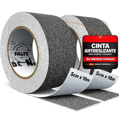 Cinta antideslizante negra pack 2 rollos 5 cm x 10 m total 20 metros seguridad para escaleras suelos y rampas protección para niños mayores y mascotas uso interior y exterior certificación REACH