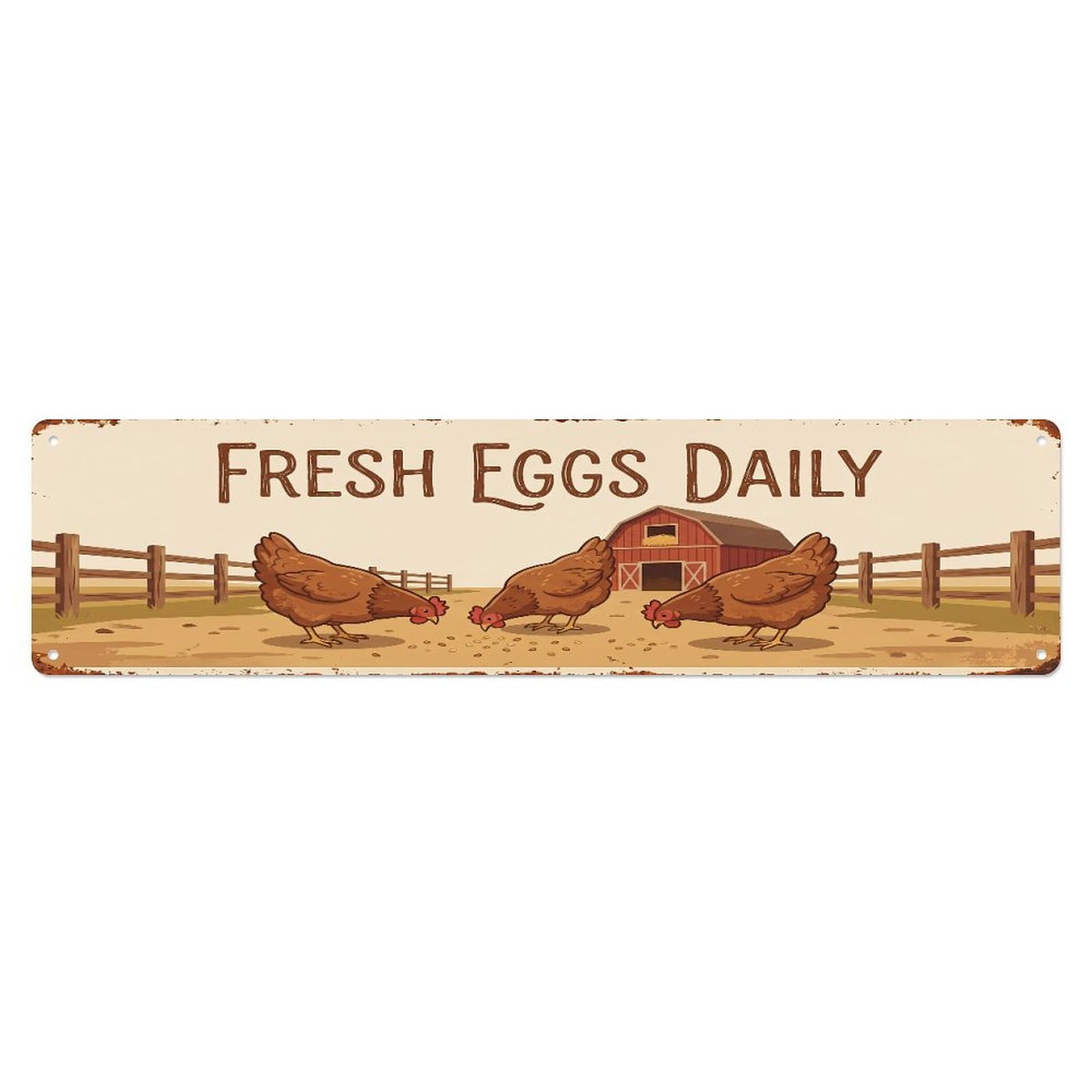 Metal Tin Sign Vintage Hen Farm Scene Fresh Eggs Daily