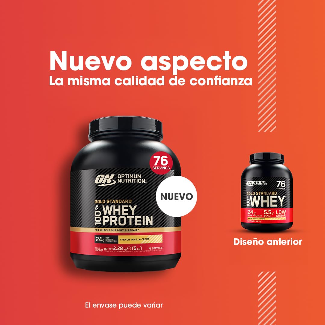 Optimum Nutrition Gold Standard 100% Whey, Proteína, Sabor Crema de Vainilla Francesa, 2.28kg, 76 Servicios, Paquete Puede Variar